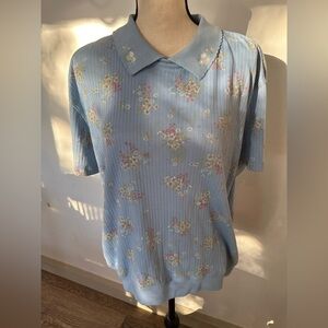 Bobbie Brooks 2 shirts blue and green floral collared vintage cotton tops SZ L